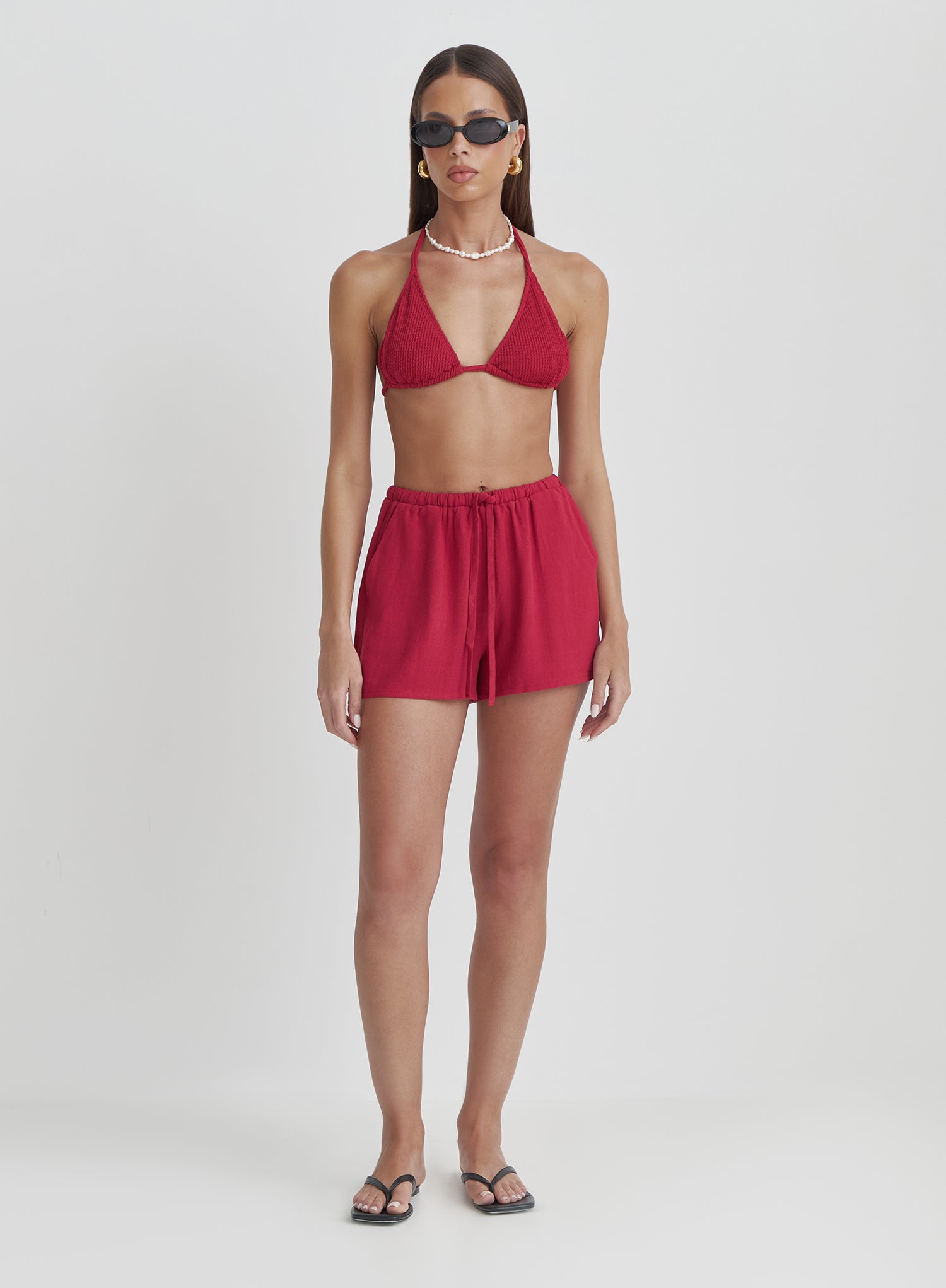 Red Crinkle Triangle Bikini Top